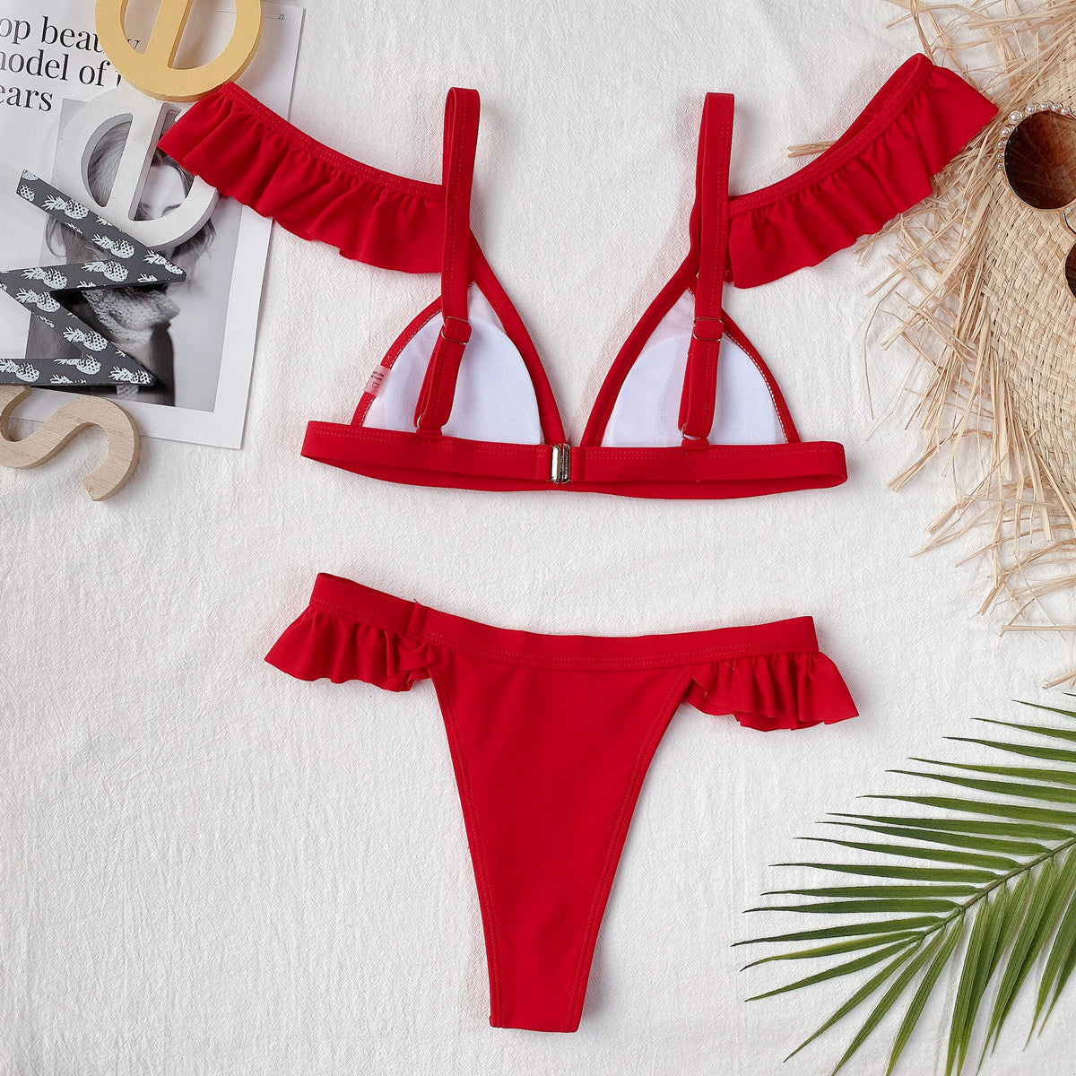 Red Ruffled Bikini Set With Cheeky Bottoms