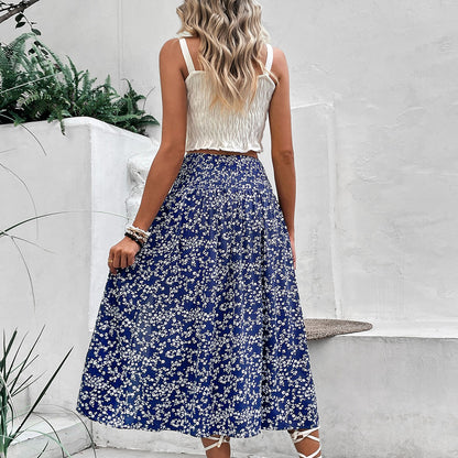 Blue High Waisted Skirt With Slit