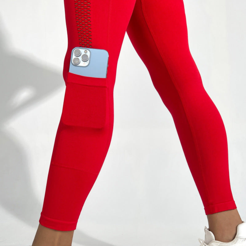 Red Seamless High Waisted Leggings With Pockets