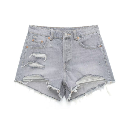 Grey Distressed High Waisted Denim Shorts